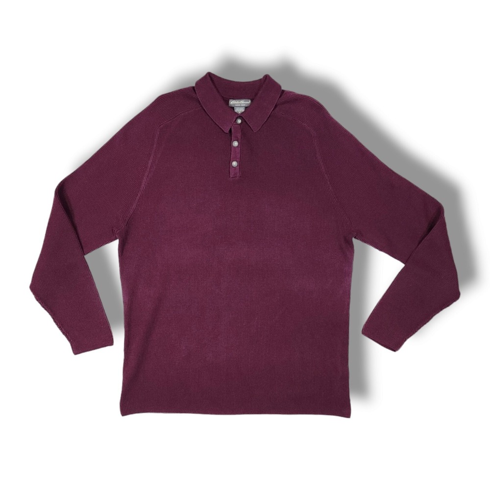 Eddie Bauer Maroon 1/4‎ Button Long Sleeve Rib Knit Pullover Sweatshirt Men's XL